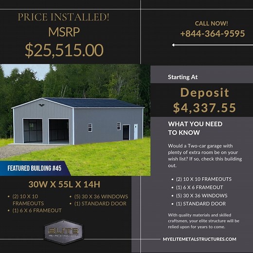 Looking for a metal garage with extra height and length? This impressive building offers a multitude of possibilities! ✨ This 30x55x14 vertical roof garage provides significant vertical clearance and ample length, making it perfect for storing taller vehicles, equipment, or creating a spacious workshop area. Invest in the quality and versatility of Elite Metal Structures! 💪 Key features include: 📏 Generous 30 feet wide, 55 feet long, and 14 feet high interior. 🛡️ Strong vertical roof system b