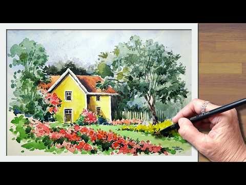 🎨 Countryside Spring Cottage Scene Watercolor Landscape Painting Step-by-Step Tutorial | निसर्गचित्र