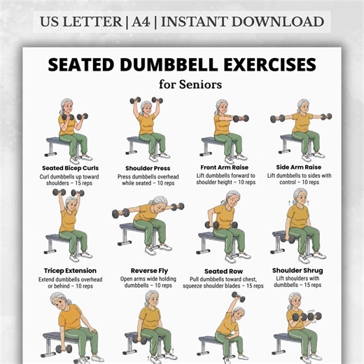 Seated Dumbbell Exercises for Seniors | Chair Dumbbell Workout Chart | Printable Senior Home Strength Exercises Seated Chart - Etsy