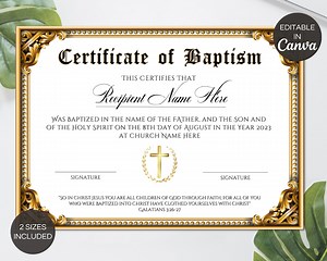 Editable Baptism Certificate Template, Printable Certificate of Baptism, Custom Baby Baptism Certificates, Canva Church Template. TDS-10 - Etsy