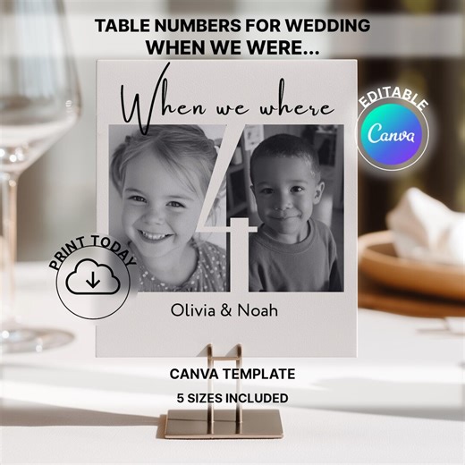 When we were table numbers, Wedding Reception Table Numbers, Table Numbers for Wedding with Photos, Custom Polaroid, Editable Canva Template