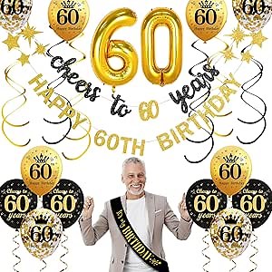 16PCS 60th Birthday Decorations Kit for Men Women, Black Gold Vintage 60th Birthday Banner Balloons Sash Party Supplies, Cheers to 60 Years Bdy Balloons Swirls Decor