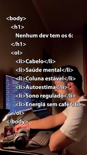 Todo dev sabe: não dá pra ter coluna boa, sono em dia, cabelo, autoestima, energia sem café e saúde mental… sempre falta pelo menos um item da lista. 😅💻 E você? Qual tá em dia aí e qual já foi de base? Comenta 👇 #programacao #viral #py #java #fullstack