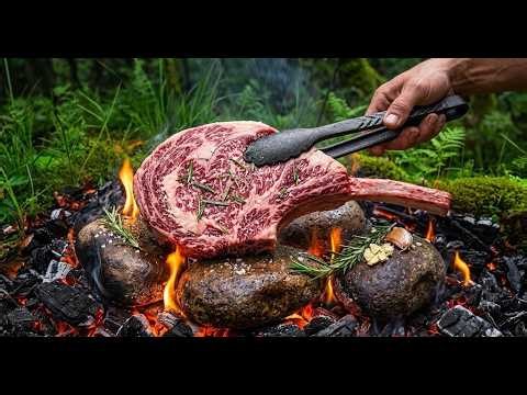 Campfire Steak Cooked on Hot Stones Over Fire | Wild Outdoor Cooking