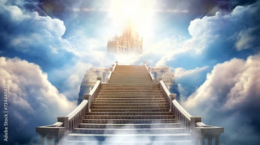 Scene of the stairs to heaven with a cloudy background, animated virtual repeating seamless 4k