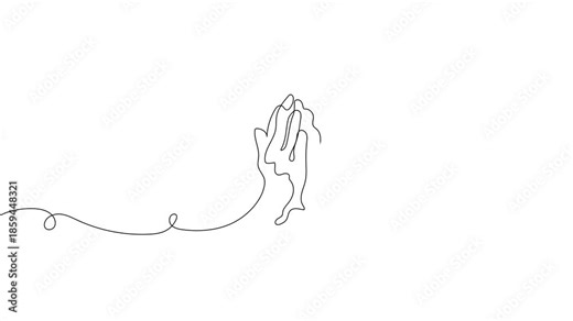 Continuous line praying hands animation. One line prayer and worship symbol for Ramadan and Eid on clean white background