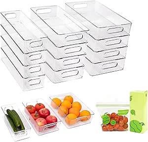 12 Pack Refrigerator Organizer Bins, 3 Sizes Stackable Clear Pantry Storage with Handles for Fridge, Freezer, Shelves, Drawer, Snack Organizer for Home & Kitchen