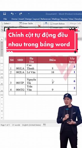 Chỉnh cột tự động đều nhau trong bảng Word