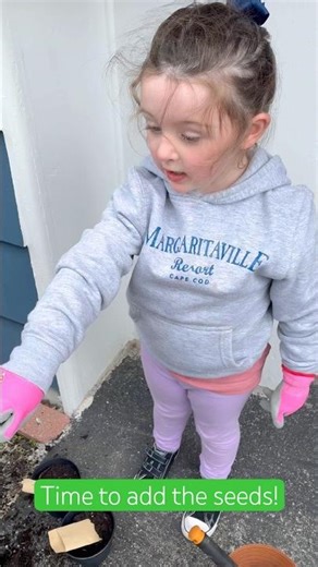 Growing her own flowers at 3! Time to add the seeds!