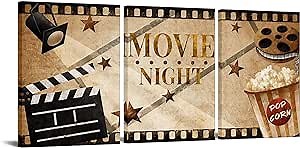 HOMEOART Home Movie Theater Room Decor Home Theater Painting Movie Night Decor Sign Vintage Brown Stretched Framed Ready to Hang 12"x16"x3 Pieces