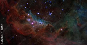 A slow Space Flight into a Nebula 4K. 3D Zoom In Composite of Hubble images. Galaxies, Stars, Star System, Cosmos. Based on real public-domain images taken by NASA, ESA, ESO or other space agencies.