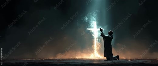 A guy kneeling in prayer in front of a luminous Jesus cross, which stands for spirituality, faith, and the presence of God.