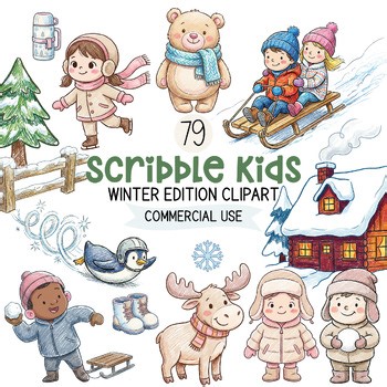 Winter Kids Clipart | Crayon Style Children & Animals | Classroom Graphics