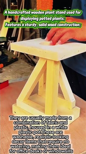 A handcrafted wooden plant stand used for displaying potted plants.