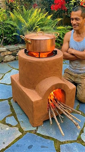 How to make a rustic clay stove with a circular burner and copper pot.