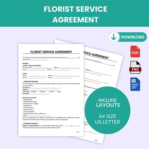 Editable Florist Service Agreement Template | Wedding & Event Contract (PDF, DOCX, PNG, Canva) - Etsy