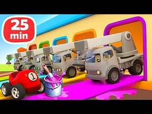 The little racing cars & crane trucks build a colorful tower from blocks. Helper cars on the mission - Videos For Kids