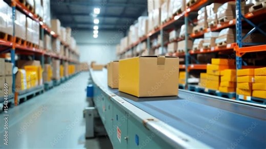 Corrugated boxes moving along a conveyor system inside a logistics or distribution center