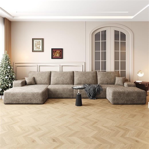 ODUWA 136″ L-Shape Sectional Sofa Set with Chaise & Ottoman – Modern Modular Deep Seat Couch with Plush Corduroy Upholstery (Camel)