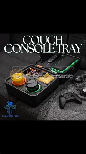 Caleb Thompson on Instagram: "🛋️✨ Meet the CouchConsole Tray, now available at Thompson Tech Electronics Co. Turn your couch into a command center. The CouchConsole Tray is designed to keep your essentials organized and within arm’s reach—no mess, no spills, no interruptions. 🔥 Features include: • Self-balancing cupholder for worry-free drinks • Snack compartment for movie-night favorites • Secure phone & remote holder • Compact, portable design that fits any couch setup Perfect for movie mara