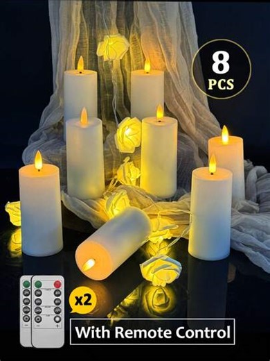 4/8pcs LED Flameless Candles With Timer And Remote Control, Battery Powered LED Candles, Plastic Electric Fake Candles, Wishing Candles, Colorless Odorless Non-Melting Ivory Warm Flame Candles, Suitable For Home, Halloween, Christmas, Valentine's Day, Party, Proposal, Wedding, Dining Table, Holiday Atmosphere Lighting | SHEIN