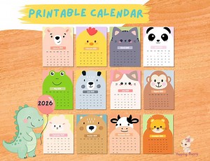 Calendrier 2026 à imprimer pour enfants • Calendrier mensuel avec animaux mignons • Agenda d'école à la maison • Calendrier d'apprentissage amusant - Etsy France