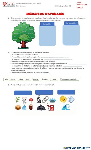 Recursos naturales renovables y no renovables worksheet