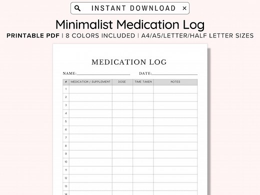 Printable Medication Log, Ready to Print Medication Log Chart, Post-surgery Medication Chart, Simple Medication Tracker, A4/a5/letter/half - Etsy
