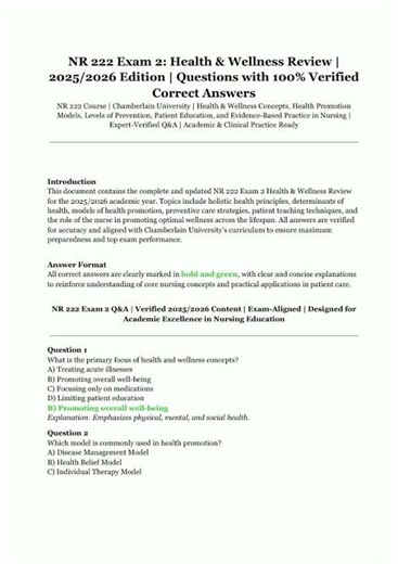NR 222 Exam 2 Health Wellness Review 20252026 Edition Verified Questions with Correct Answers