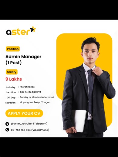 Job Requirements - Any degree or diploma holder. - At least 5-year experience in admin/HR work. - Good in English – 4 skills - To have the knowledge of building materials is an advantage. - To able to work under intense pressure and team environment. - To able to use MS word, excel and Outlook. - To able to work overtime occasionally. #astermyanmar #အလုပ်ခေါ်စာ #jobagencymyanmar #recruitmentservice #foryou #fyp