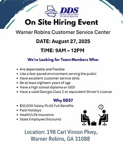 267K views · 373 reactions | We’re hiring!  Join us at the Warner Robins Customer Service Center Hiring Event on August 27, 2025 from 9AM–12PM. 198 Carl Vinson Pkwy, Warner Robins, GA. Don’t miss this chance to start your career with DDS! #HiringEvent #TeamDDS | Georgia Department of Driver Services (DDS) | Facebook