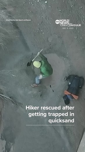 Rescuers used a drone to help locate a hiker who was trapped knee-deep in #quicksand. While trekking through #ArchesNationalPark in #Utah just before sunrise, Austin Dirks' leg broke through what appeared to be solid ground, but was actually quicksand in the canyon's frigid temperatures. Thanks to Dirks' GPS satellite, he alerted authorities with his location and was rescued by the Grand County Utah Search and Rescue. #WorldNewsTonight #News
