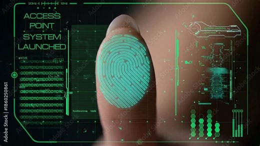 Fingerprint Scanning on Futuristic Green HUD Interface – Biometric Security, Digital Authentication & Cyber Access Control Concept