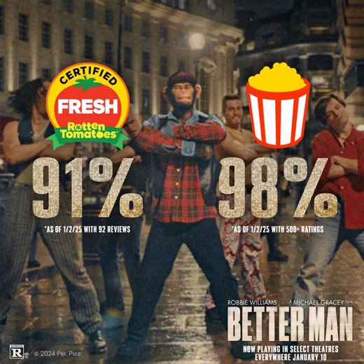 The most original musical ever is now 98% on the Rotten Tomatoes Popcornmeter 🍿 and Certified Fresh at 91%. Get tickets to see #BetterManMovie NOW PLAYING in select LA, NY, and Toronto theatres. Everywhere January 10. https://www.bettermanmovie.com/ | Paramount Pictures