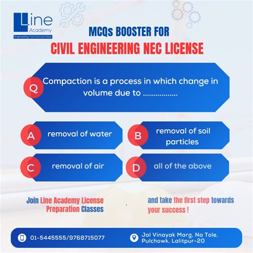 MCQ Booster | Civil Engineering License 💡 Question No. 39 – Strengthen your concepts and get one step closer to your engineering license! ⚙️ Practice. Prepare. Perform. 🚀 #EngineeringLicense #CivilEngineering #MCQBooster #LoksewaPreparation #LineAcademy #EngineerNepal | Line Academy: Engineering your Success Story