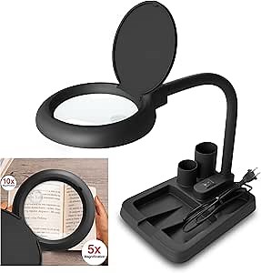 Magnifying Glass with Light and Stand-5X 10X Magnifying Lamp, Magnifying Glass for Reading, Desk Lamp with Magnifier for Close Work (Black)