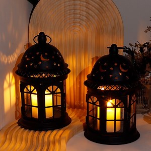 Set of 2 Decorative Lanterns-8.5 inch High Vintage Style Hanging Lantern, Metal Candle Holder for Indoor Outdoor Events Parities and Weddings (Black)