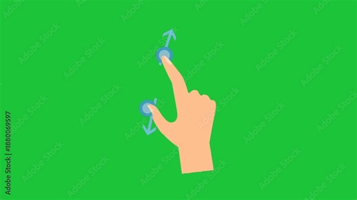 Animated hand performing vertical pinch and drag gesture with touch indicators and arrows on green screen background