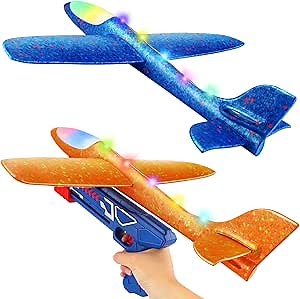 17.5" Large Airplane Toys with Launcher, 2 Flight Modes LED Light Foam Glider Planes, Outdoor Flying Toys for Kids Xmas Birthday Gifts for 4 5 6 7 8 9 10 Year Old Boys Girls (2 Pack)