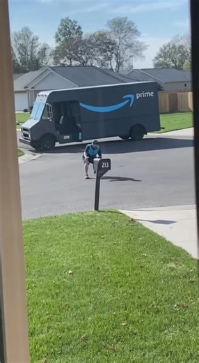An Amazon delivery driver accidentally backs their truck straight into a mailbox, knocking it completely over. In a panic, the driver jumps out and frantically tries to set it back upright before speeding off, leaving the homeowner's mailbox leaning awkwardly. | Caughtoncamai