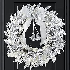 24" Silver Christmas Wreaths for Front Door, Silver Berry Leaves Bells Balls Xmas Wreath with White Fake Pampas Grass, Door Reef for Windows Fireplaces Walls, Front Porch Indoor and Outdoor