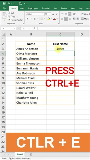 Extract First Name in Excel using CTRL + E ⚡ #excelshorts #exceltips #exceltricks #excelforbeginners