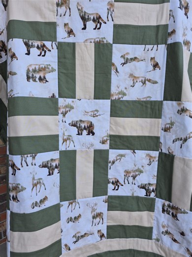 Handmade Olive and Tan Woodland Quilt, Forest Animals, Cabin Decor, Woodland Quilt for a Boy - Etsy