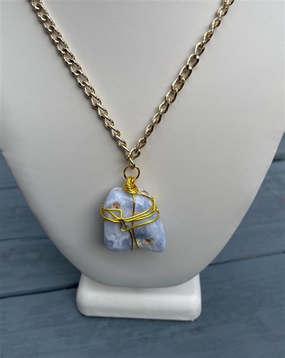 Raw Blue Lace Agate Necklace - Gold Wire Wrapped Crystal Pendant, 18 Inch Chain - Etsy