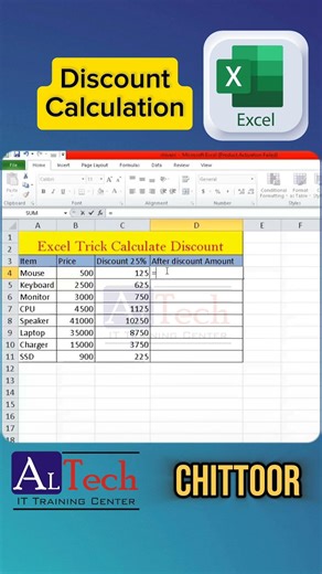 Discount formula Excel institute Computer Training Center,Discount value,Final Price After Discount