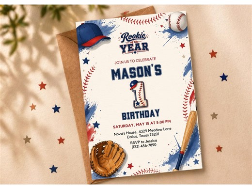 Baseball 1st Birthday Invitation, Rookie of the Year Invite, Boy First Birthday Party, Sports Theme Birthday Invite, Printed Invitation - Etsy