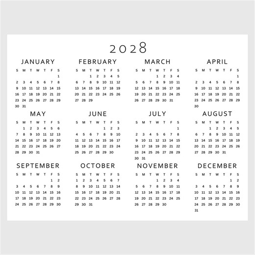 2028 Calendar Printable | Single Page | Full Year Calendar | Year at a Glance | Desk Calendar |monday and Sunday Start, A4 A5 US LETTER PDF - Etsy