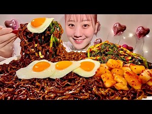 ASMR Jajangmyeon Green Onion Kimchi【Mukbang/ Eating Sounds】【English subtitles】