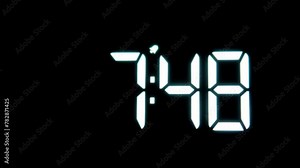 4K footage Close-up Front view Time-lapse, digital clock with the start time 7:35 displayed.