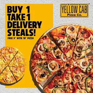 18” pizza? Delivered. Free 9” pizza? Devoured! Make your next delivery order a steal – Get a FREE 9” Classic Pizza with any 18” pizza purchase! Promo is available from August 1 to December 31, 2023 only on delivery.yellowcabpizza.com and the following hotlines: 🛵 Metro Manila: (02) 8-789-9999 🛵 Baguio: (074) 442-9999 🛵 Cavite: (046) 416-9999 🛵 Laguna: (049) 502-9999 🛵 Batangas: (043) 723-2222 🛵 Cebu: (032) 254-1111 Per DTI Fair Trade Permit No. FTEB-172187 Series of 2023 | Yellow Cab Pizza